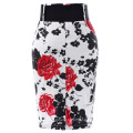 Kate Kasin Mulheres Shirred Detalhe Flor Padrão Cotton Lápis Skirt com cinto largo KK000610-2